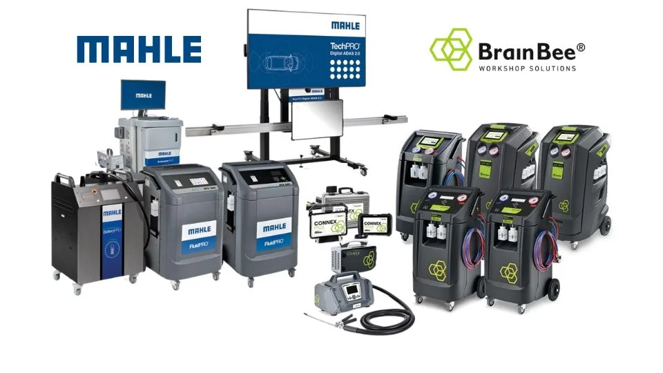 مجموعة من أجهزة تشخيص وصيانة السيارات المتطورة من Brain Bee التابعة لشركة Mahle، تشمل معدات لقياس ضغط الأنظمة، أجهزة فحص وصيانة مكيفات الهواء، وأدوات تشخيص إلكترونية لاحتياجات الصيانة الدقيقة للسيارات الحديثة
